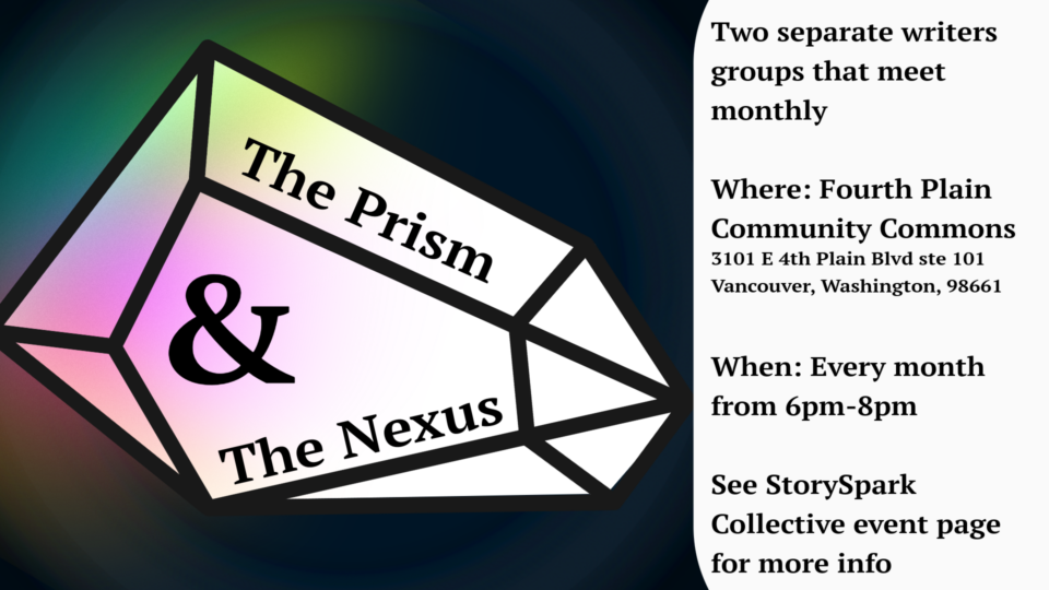 Here is the compliant, concise alt text for the second poster image (The Prism and Nexus Poster-1.jpg): Alt Text: Poster for The Prism & The Nexus groups at Fourth Plain Community Commons. Every month, 6-8pm. See StorySpark Collective event page.